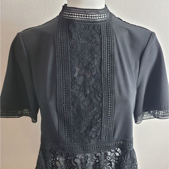 NWT ZARA WOMAN Lace Blouse Peplum Black Short Sleeve Mock Neck - Picture 2 of 14